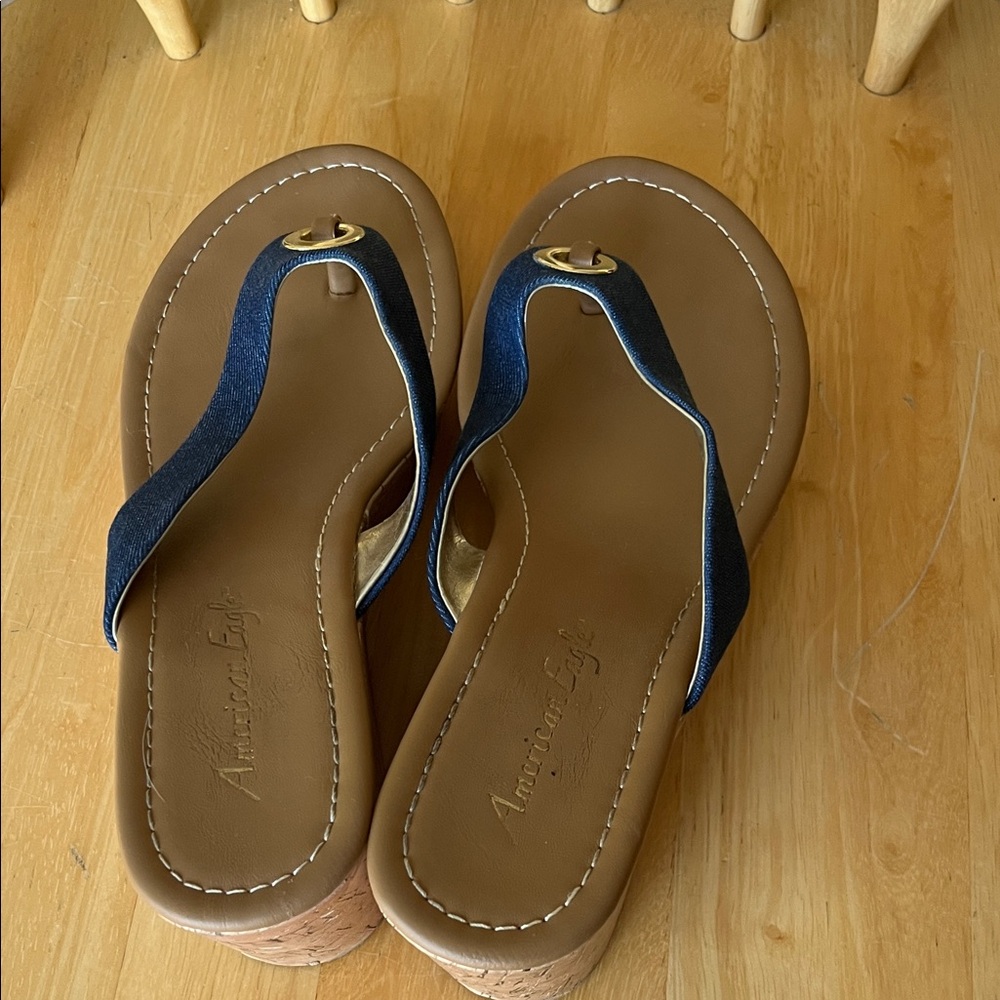American Eagle Outfitters Navy and Brown Cork Wedge Thong Sandals